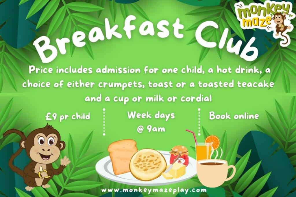 Bright and colourful image promoting Monkey Maze Breakfast Club with jungle theme.